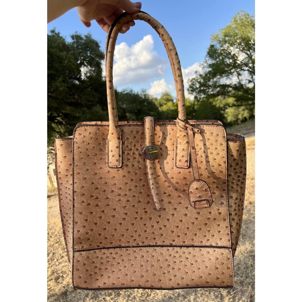 London Fog Ostrich Print Faux Leather Tote Purse Bag Brown Shoulder Straps Logo